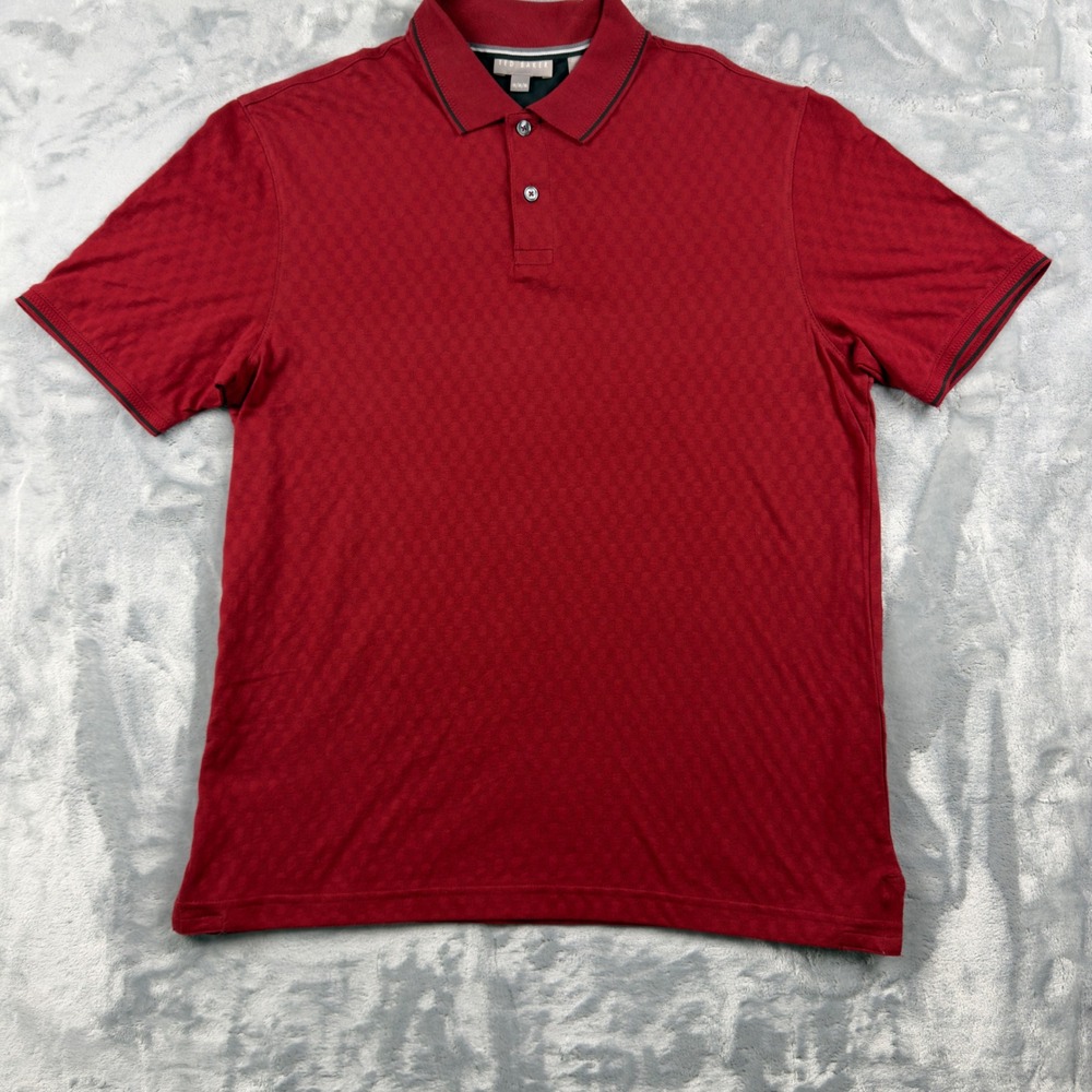 Ted Baker Mens Red Textured Checkerboard Polo Shirt Size M Short Sleeve Tipped